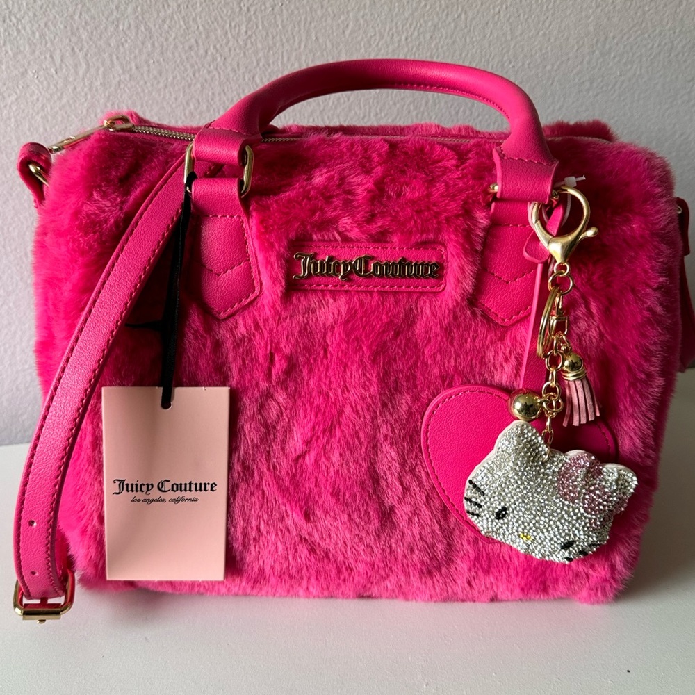 ***NEW hot pink furry satchel comes with Hello Kitty rhinestone keychain.
